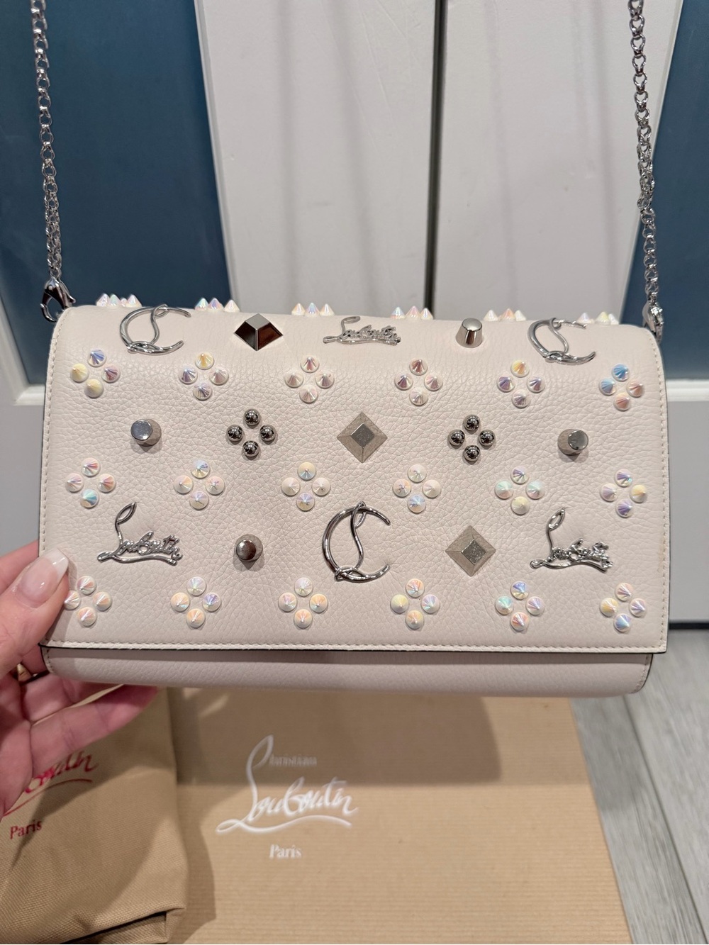 Christian Louboutin Ivory Crystal-Embellished Chain Crossbody with COA